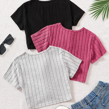 Spring/Summer Girl Big Boy Girl Casual Cute Solid Color Round Neck Short Sleeve Three Piece Set