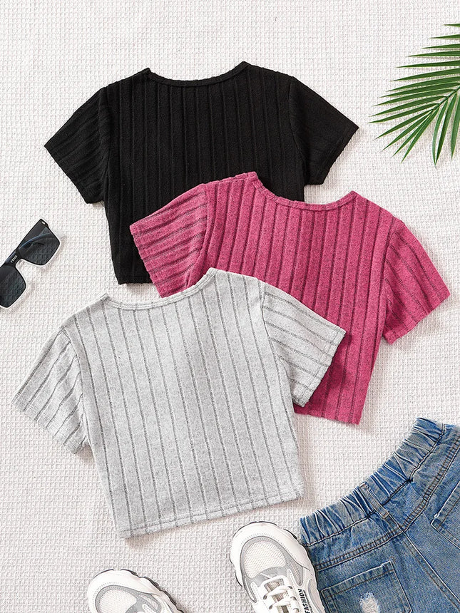 Spring/Summer Big Girl Casual Cute Solid Color Round Neck Short Sleeve Three-Piece Set