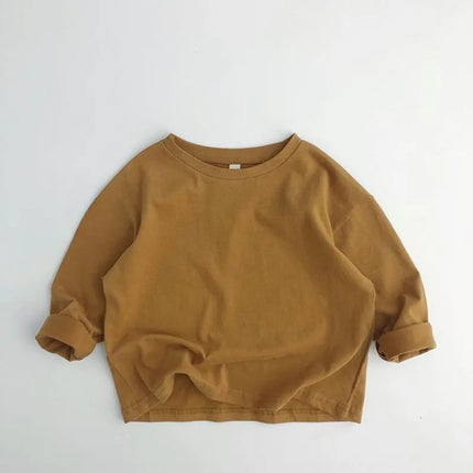 1-7Y Kids Cotton Shirt Solid Caramel Coffee Color Children's 2025 Autumn New Boys Girls Cotton Stylish Long Sleeved T-shirt