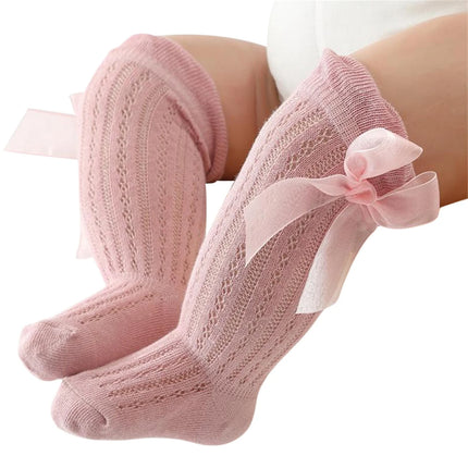 Infant Baby Girls Long Stockings Princess Solid Color Cute Bowknot Breathable Loose Mouth Socks Over-The-Knee Socks 0-24M