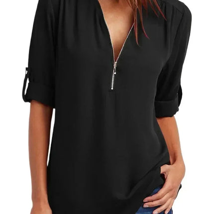 Summer Women Cool Loose Shirt Deep V Neck Chiffon Blouse Casual Ladies Tops Sexy Zipper Pullover Plus Size Long Sleeve Fashion