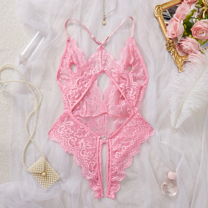Sexy Lingerie For Women Erotic Bodysuit Crotchless Hollow Lace Bow Underwear Babydoll Transparent Outfit Wedding Honeymoon Dress