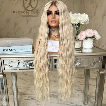 Long Natural Ash Blonde Curly Short Dark Root Ash Blonde Body Wave Wig Ombre HD Invisible Lace Front Wig Layered Middle Part Wig