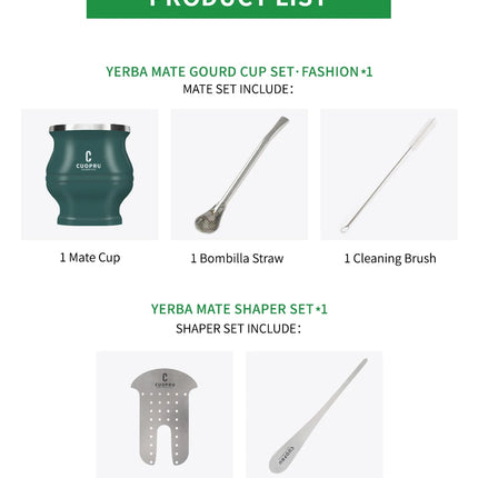 Yerba Mate Gourd Set Includes Double Walled Stainless Steel Tea Cup One Bombilla Mate (Straw), Cleaning Bruch, Tea Separator