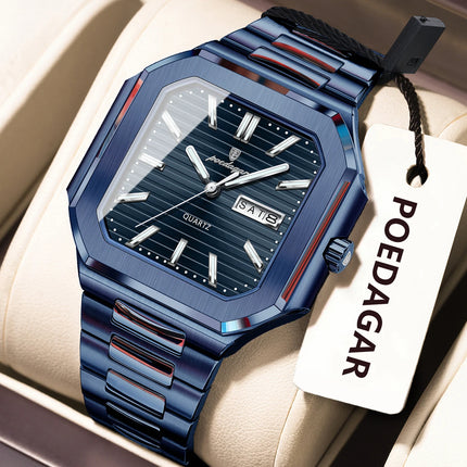 POEDAGAR Top Luxury Brand Men's Watch Waterproof Luminous Date Week Quartz Men's Watches Stainless Steel Fashion Square Men's Watch