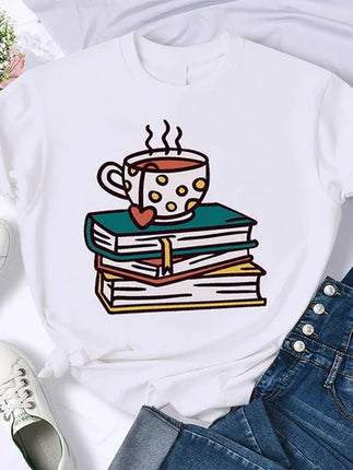 Coffee Books Brown books American retro T-shirt woman round neck half sleeve T-shirt printed T-shirt top woman oversized
