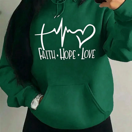 Fashion Faith Hope Love Letter Graphic Hoodies Women Loose Oversized Heart Pulse Print  Sweatshirt Black Daily Casual Hoody