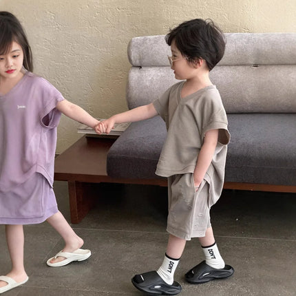 RAISE Summer Brother Sister Clothes Muslin Hollow V-collar Kids Boy Short Sleeve Top Suit Loose Solid Straight Shorts Tracksuits