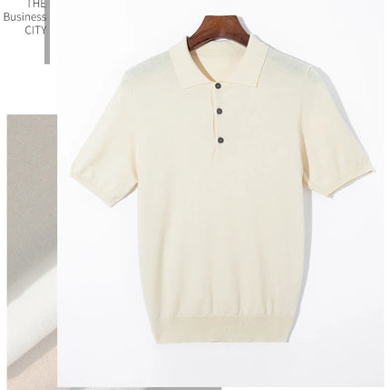 Men's short sleeved polo shirt, stylish top, knitted T-shirt, 2024 summer wool blend casual business pullover