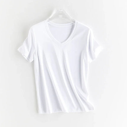 High-end New 10% Silk & Mercerized Cotton Women T-shirt Luxury Tee Short Sleeve Silky Feeling Summer Wear 2025 Tops V / O-neck