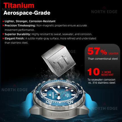 NORTH EDGE TRITON-TI Titanium Stainless Solar-Powered Diving Watch Luxury Quartz Watches For Men 300M Waterproof 180+ Day Power