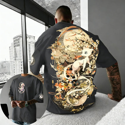 Pokemon   Anime Mew Printed Cotton T-shirt Summer Men's and Women's Loose Casual Street Hip-hop Versatile Short Sleeved Top