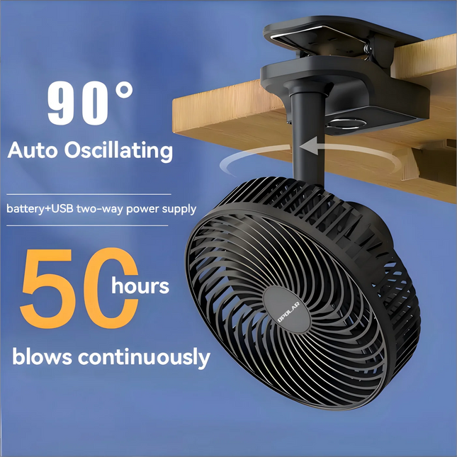 OPOLAR Rechargebale 8inch Portable Fan Auto Oscillation Clip Fan with Hook Removable Battery as Mini Power Bank for Home Outdoor