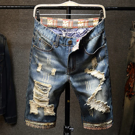 2026 new large size denim shorts retro ripped slim men's five quarter pants with cloth medium pants ripped jeans