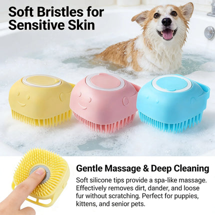 2-in-1 Pet Bath & Massage Brush with Shampoo Storage Silicone Dog Cat Grooming Tool for Puppy Kitten Sensitive Skin