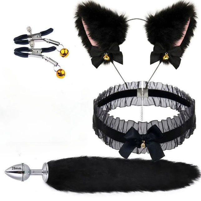 Cute Fox Tail Anal Plug Bow-Knot Soft Cat Ears Headbands Collar Erotic Cosplay SM Sex Toys for Female Male