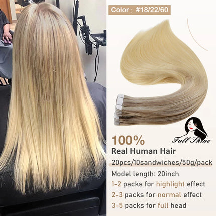 Full Shine Tape in Hair Extensions Remy Human Hair Balayage Highlights Natural Hair For Salon