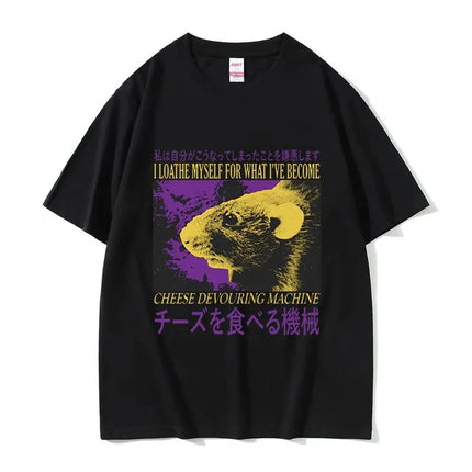 Funny Cheese Devouring Machine Japanese Rat Graphic T Shirts Men Vintage Fashion O-Neck Oversized T-shirt Y2k Unisex 62408