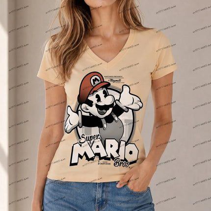 New Y2k T-shirt Super Mario Women T-shirt Hot Sale V Neck Harajuku Style XS-5XL Fashion Cuteore Party Short Sleeve Women's Anime