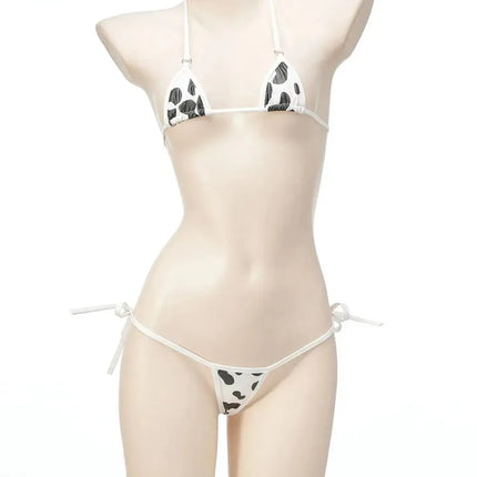 Cute Milk Cow Printing Patent Leather Bikini Set Cow Cosplay Costume Women Sexy Bandage Swimsuit Lolita Underwear Bra Panty Suit