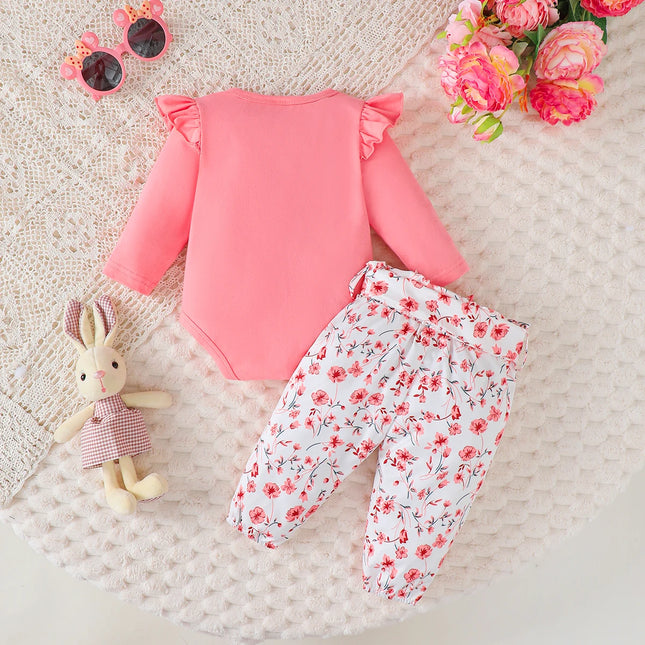 4Pcs Baby Girl Cartoon Rabbit Long Sleeve Jumpsuit+Small Floral Pants+Hairband+Belt Set 0-18 Months Baby Girl Spring Autumn Set