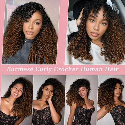 Golden Brown Highlight Miracle Knots Crochet Bundles Human Hair For Braids Burmese Curly With Spiral Curly End Feather Bulk Hair