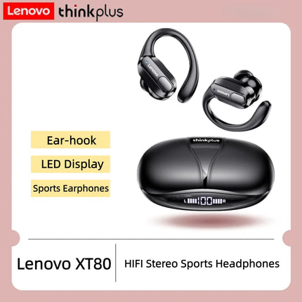 Original Lenovo XT80 Earhooks Sports Bluetooth Wireless Headsets with Mics, LED Power Display,Hifi Stereo Sound ENC TWS Earbuds