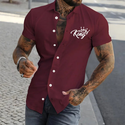 2026 New Men's Short-Sleeve Shirt, Stylish Crown Print Pattern, Slim Fit, Versatile, Simple Shirt, Multiple Colors Available