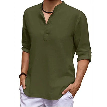 New Men's Linen Long Sleeve V-neck T Shirt Solid Color Oversize Casual Shirt Cotton Shirt Plus Size Yoga Button Shirts for Men