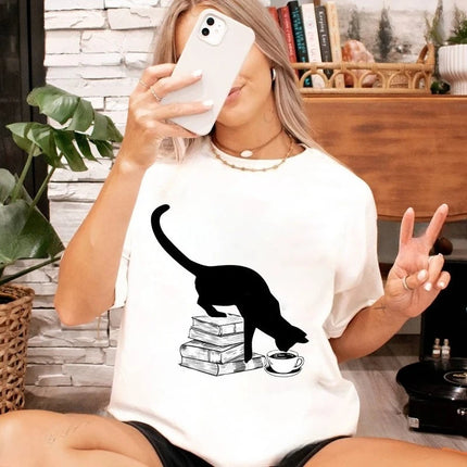 Cat Reading Design T-shirt, Women's and Girls' Sizes, A Perfect Gift for Book Lovers and Cat Owners - A Summer Book-themed T-shirt