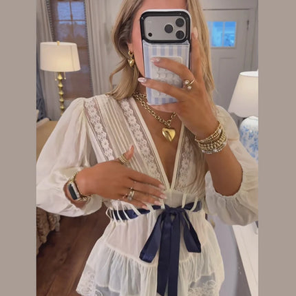 Elegant Lace Patchwork Women Shirt Half Sleeve V-Neck Lace Up Waist-Closed Lady Top 2026 Spring Summer Casual Female Streewear