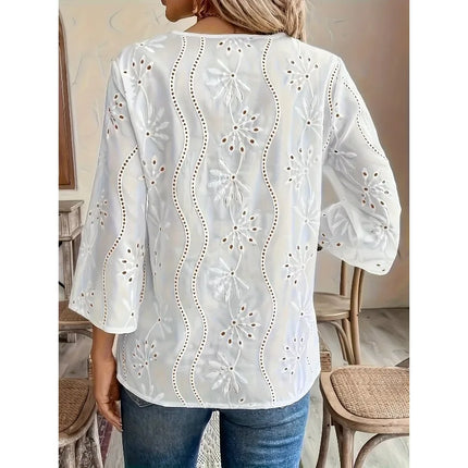 Plus Size Women's Summer New Top Solid Sexy V-Neck Hollow Long Sleeve Shirt Fashion Splice Blouse Loose Apparel