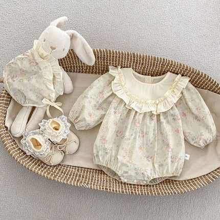 5372-1 Newborn Clothes 2025 Spring New Retro Floral Baby Girl's Bag Fart Clothes Big Lace Climbing Clothes with Hat