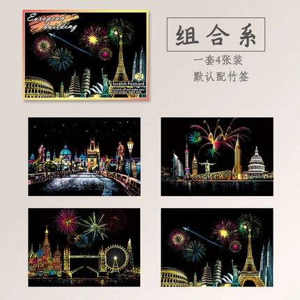 DIY 4Pcs Night Scene Art Scratch Painting Toys City Building Landscape  Educational Toys Birthday Gift Room Decor