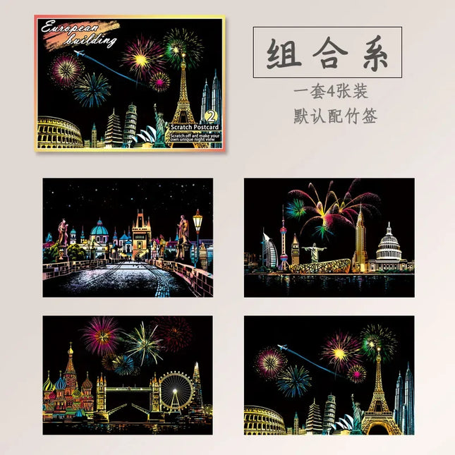 DIY 4Pcs Night Scene Art Scratch Painting Toys City Building Landscape Kids Educational Toys Birthday Gift Room Decor