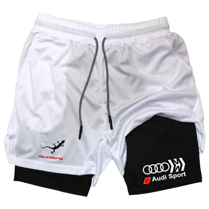 Audi Logo Men's Sports Shorts Double-Layer Quick-Drying Breathable Casual Sportswear for Running M-3XL