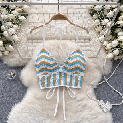 Beach Vacation Style Cami Top Women Design Sense Color Blocking Hook Flower Slim Fit Camisole Short Sexy Exposed Navel Crop Tops