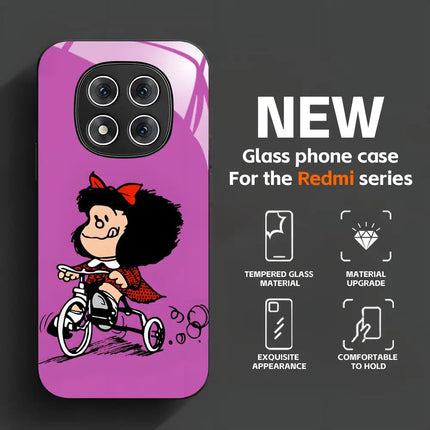 Cute girl Mafalda Comic Design  Phone Case Tempered Glass Case For Redmi Note11 12 13 14Pro Plus S 5G 14C A3