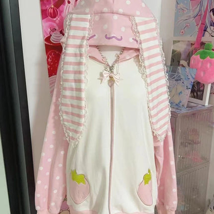 Aoaiiys Japanese Hoodies Women Kawaii Rabbit's Ears Loose Outerwear Strawberry Dot Print Aesthetic Sweatshirt Autumn Winter New