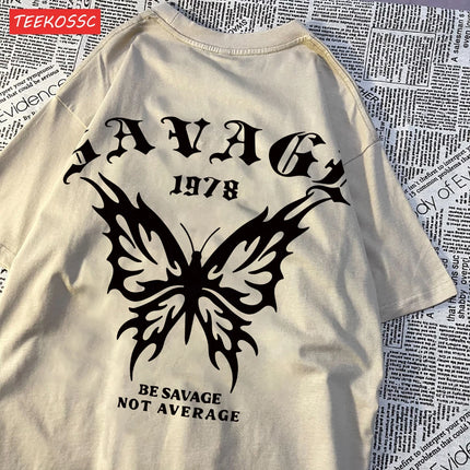 Casual Cotton Womens T-Shirts Be Savage Not Average Butterfly Printed Streetwear Soft Breathable Oversize Fashion Female Clothes
