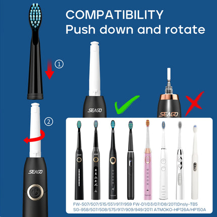 Seago SG-D010 Replacement Brush Heads for SG-575, SG-958, and SG-551 Electric Toothbrush - Soft Bristles, 4-Pack Deep Clean