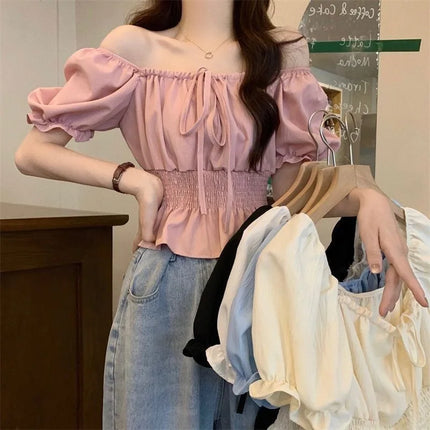 French Style Bubble Sleeve Shirt Women's Short Sweet Sensation Waist Cinched One Shoulder Top Polyester Blend Regular Sleeve
