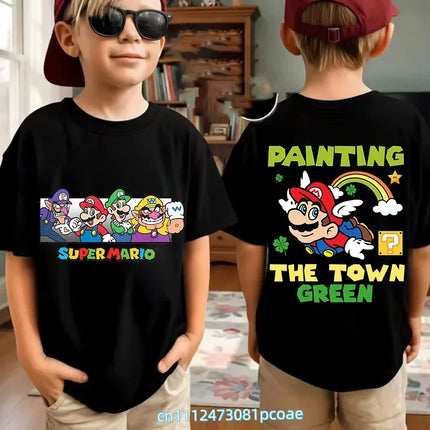 Super Mario Cartoon Pattern Unisex Cotton Short Sleeved O-neck Summer Short Sleeved Casual Adult/Children Role-playing T-shirt