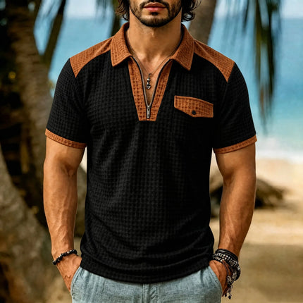 2026 New Men's Short Sleeve T Shirt Grid lapel Polo Shirt with Pockets Breathable Loose Basic Shirts for Men Lightweight Tops