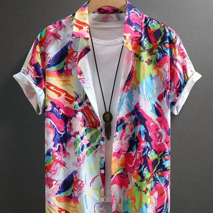 Men's Summer Casual Shirt Vibrant 3D Print Graffiti Art Short Sleeves Lapel Button-Up Top Stylish Streetwear Colorful Shirt Man