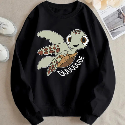 Cartoon Turtle Printed 2025 Autumn Winter Women's Hoodie Round Neck Long Sleeved Casual Women's Soft Sweatshirt Clothing