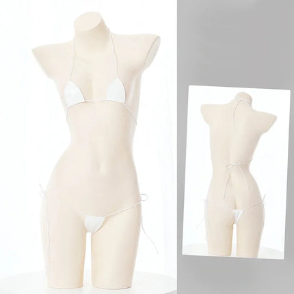 New Womens Sexy Lingerie Leather Bikini Bra G-string Wet Look Breathable Halter Lace-up Tight Fitting Uniform Set Ladies Bikini