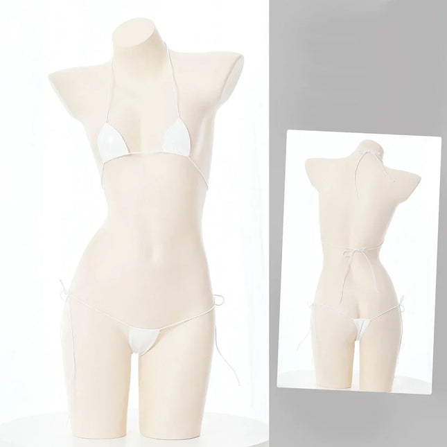 New Womens Sexy Lingerie Leather Bikini Bra G-string Wet Look Breathable Halter Lace-up Tight Fitting Uniform Set Ladies Bikini