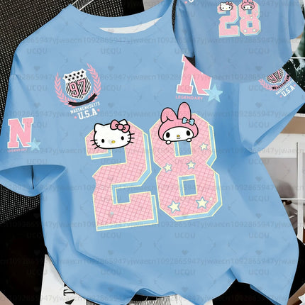 Summer Women's Girl's Casual Hello Kitty Kuromi My Melody Print Kid Cute T-Shirt Round Neck Tee Outdoor Sport Men's T-shirt