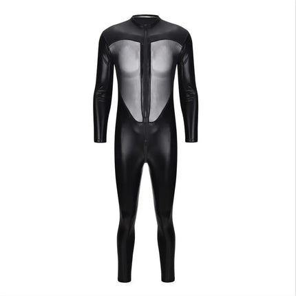 Mens Sexy Mesh Leather Jumpsuit Bodysuit Latex Fetish Gay Zipper Open Transparent Catsuit Erotic Hot Wetlook Wear Male Lingerie